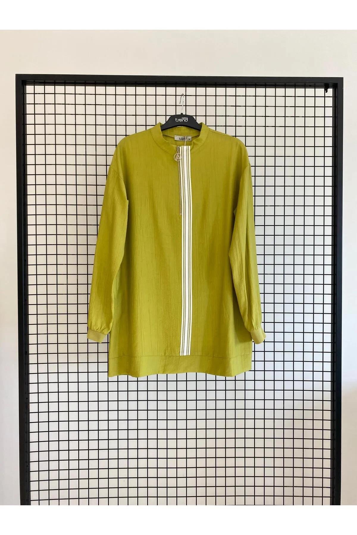Armine TREND Fermuar Detaylı Çilek Kumaş Tunik Yağ Yeşili 25YT4139