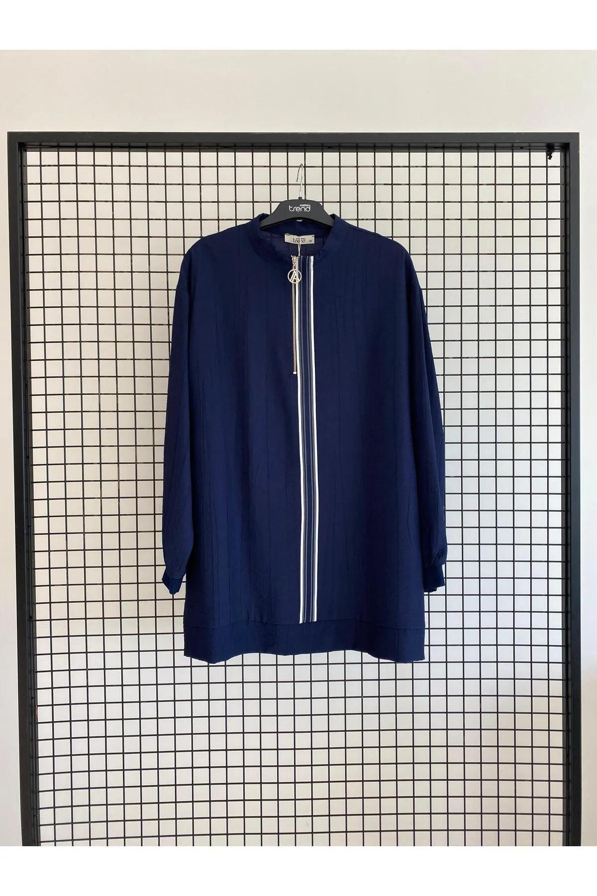 Armine TREND Fermuar Detaylı Çilek Kumaş Tunik Lacivert 25YT4139