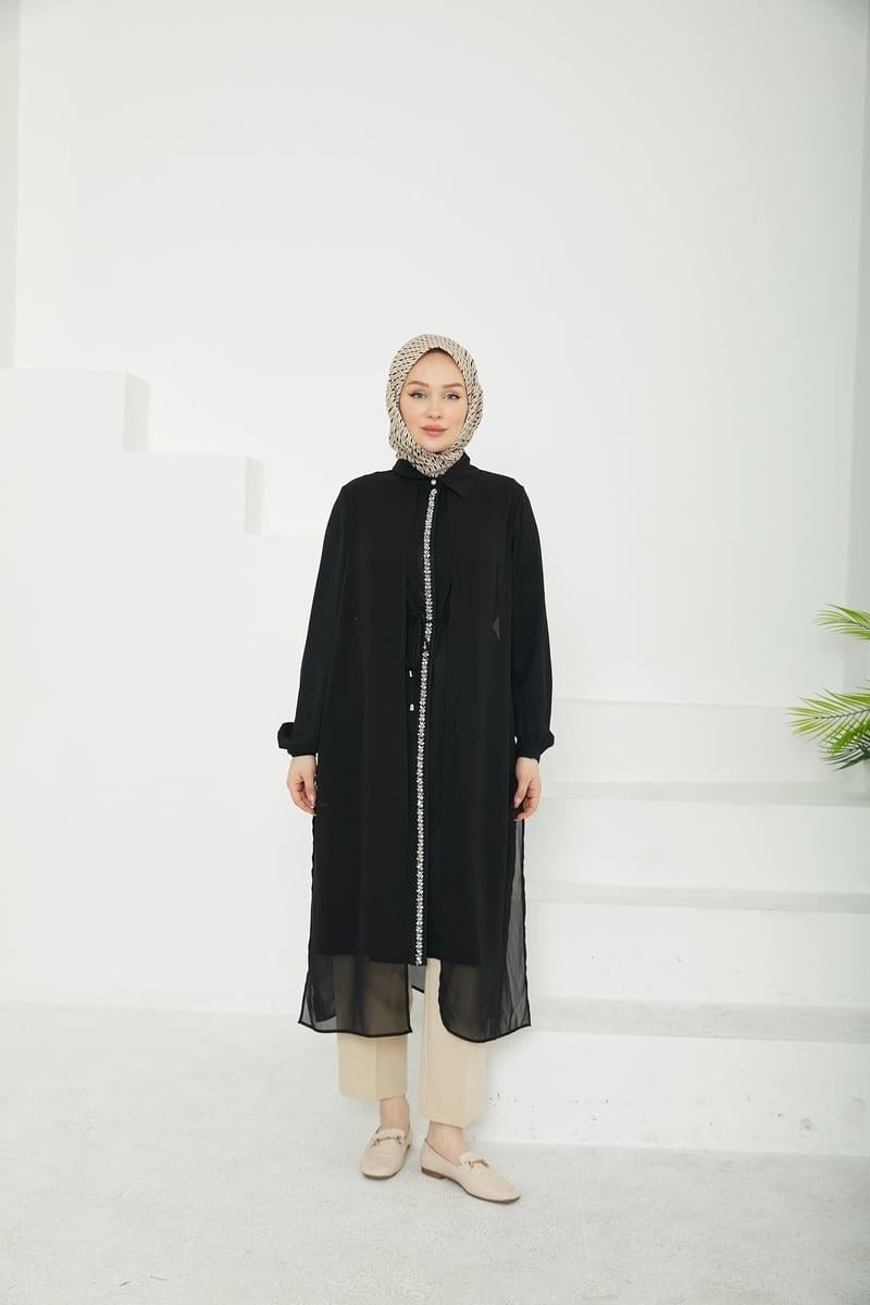 ARMİNE TREND Önden Taş Desenli Yakalı Tüllü Tunik-Siyah-25YT417