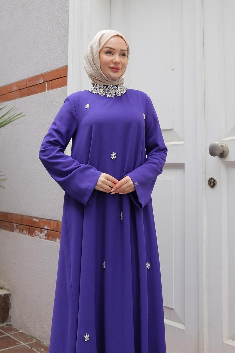 ARMİNE TREND Taş Detaylı Salaş Kesim Elbise Morcivert 25YT905