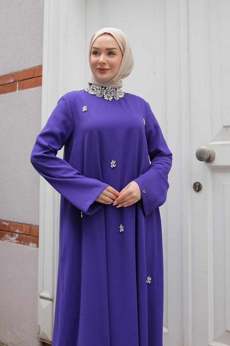 ARMİNE TREND Taş Detaylı Salaş Kesim Elbise Morcivert 25YT905