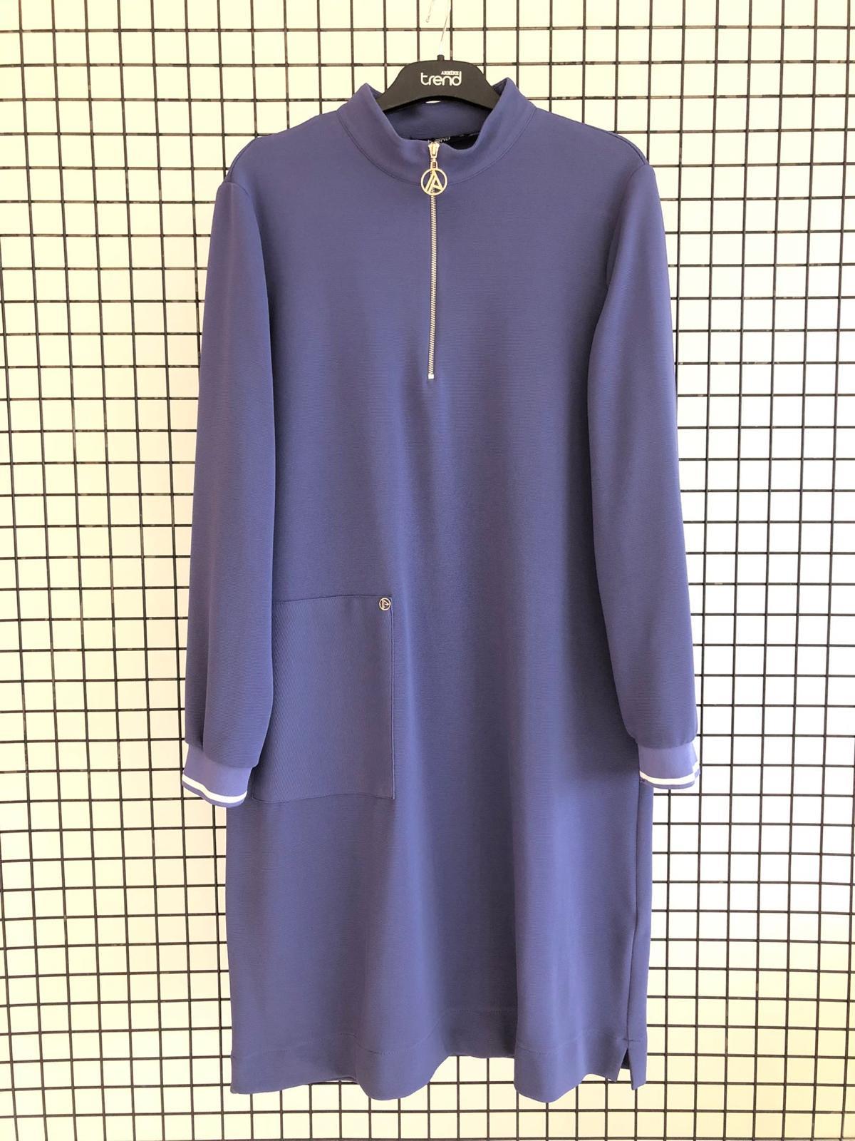 ARMİNE TREND Yakası Fermuarlı Kolları Ribanalı Örme Kumaş Tunik İndigo 25KT443