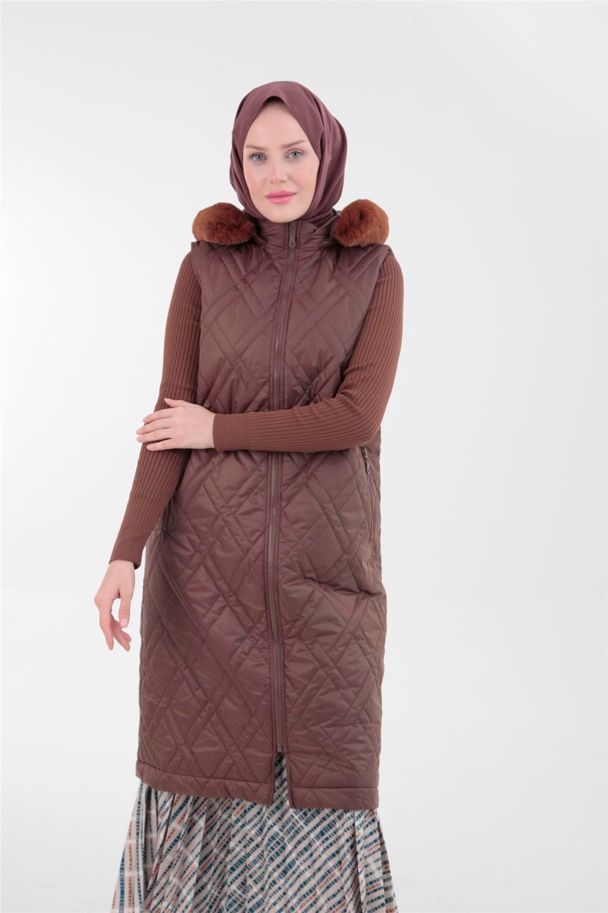 Armine Trend Yakası Kürklü Yelek 23KT507 Taba