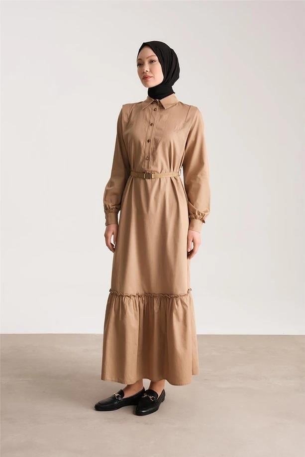 Armine Üstü Düğmeli Pamuk Gabardin Elbise Camel 24Y9807