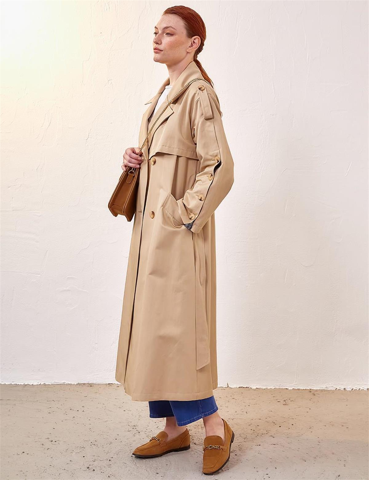 Kayra Kemik Düğmeli Oversize Trençkot Bej KA-A23-14022