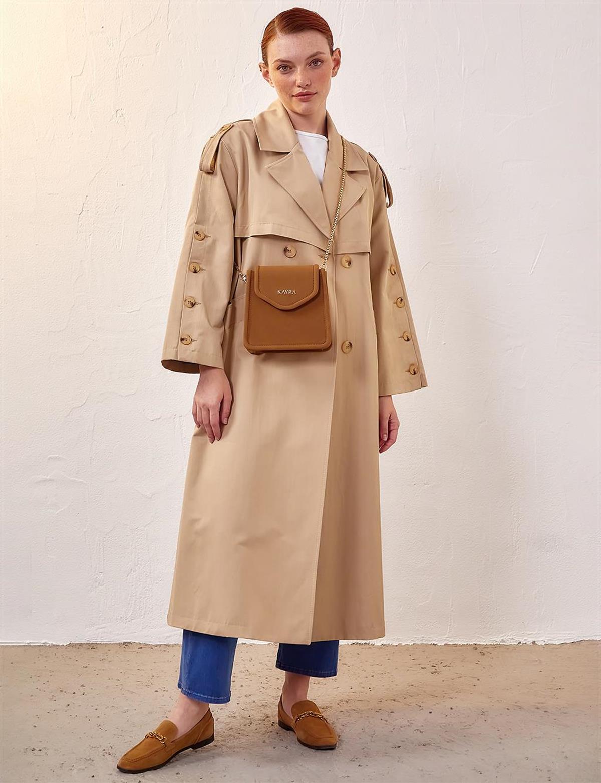 Kayra Kemik Düğmeli Oversize Trençkot Bej KA-A23-14022
