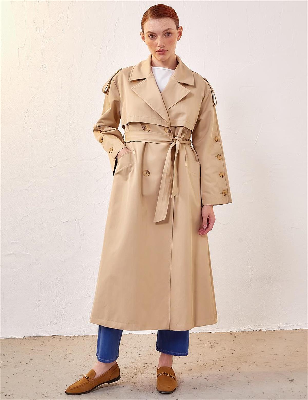 Kayra Kemik Düğmeli Oversize Trençkot Bej KA-A23-14022