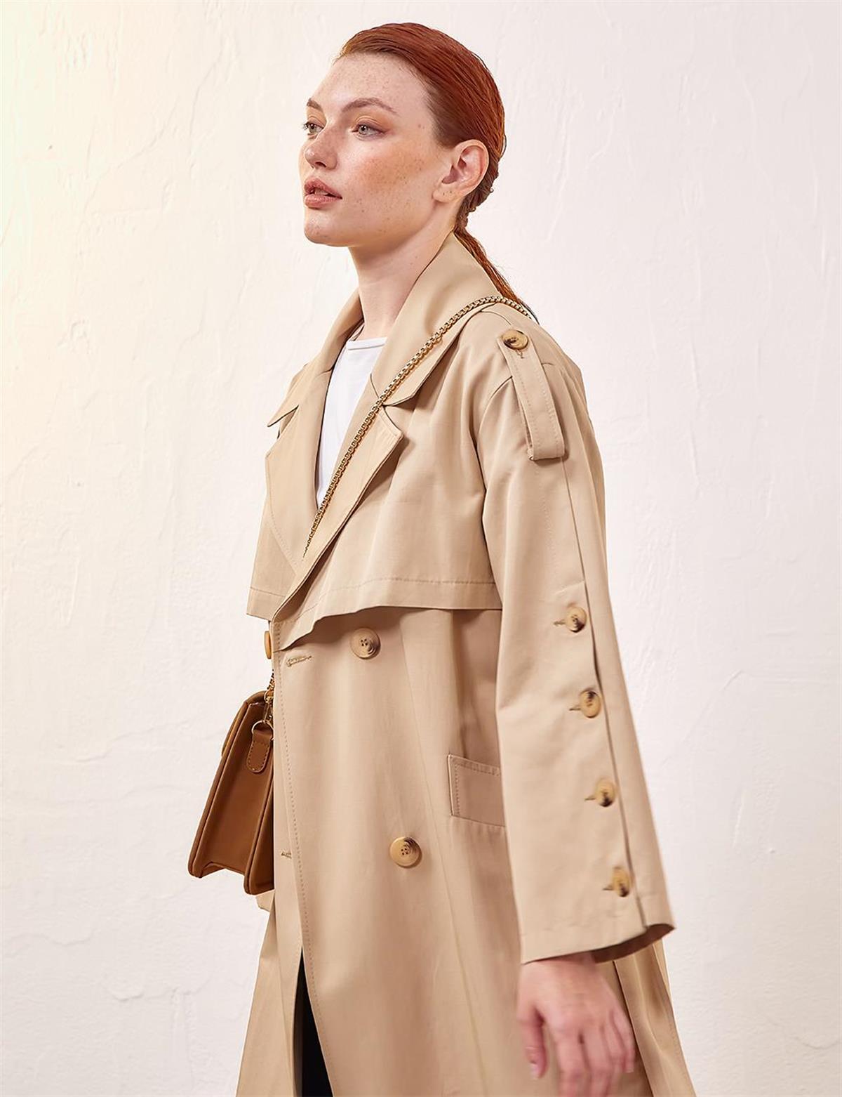Kayra Kemik Düğmeli Oversize Trençkot Bej KA-A23-14022