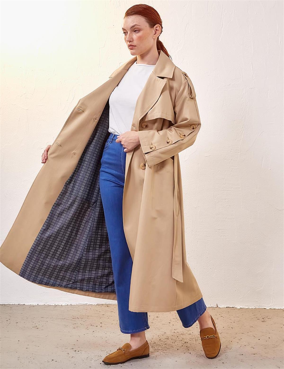 Kayra Kemik Düğmeli Oversize Trençkot Bej KA-A23-14022