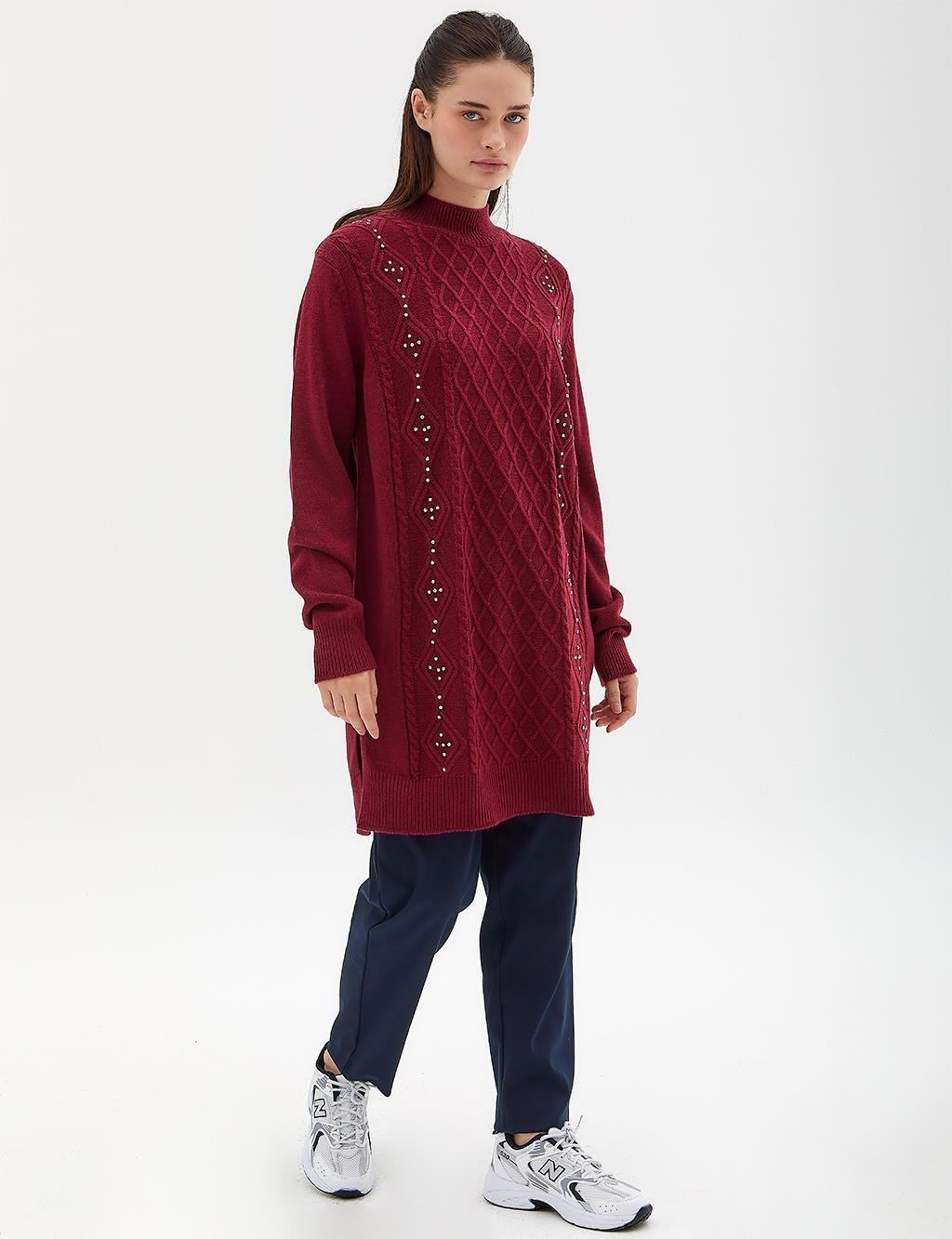 Kayra Taşlı Triko Tunik Bordo KA-A23-TRK15