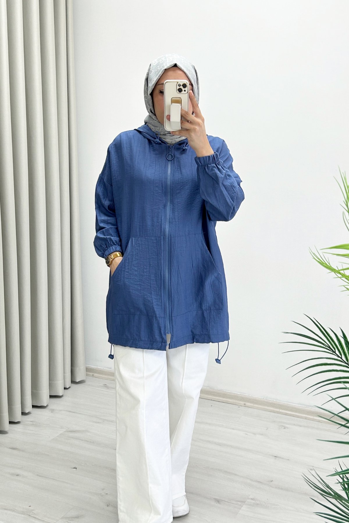 Oversize Çilek Kumaş Kapüşonlu Stoperli Kap İndigo