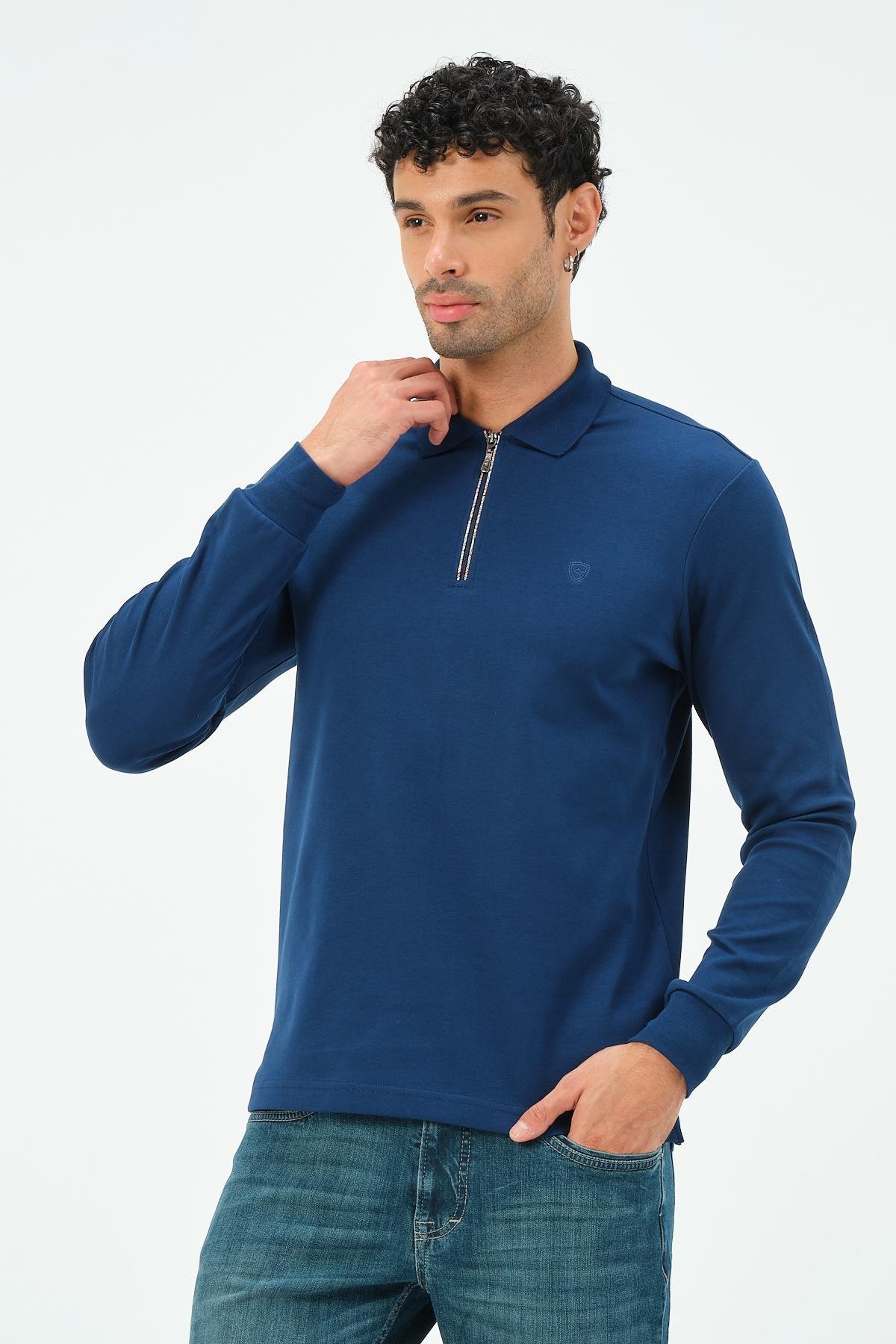 MSW Erkek Fermuarlı Uzun Kollu İnterlok Regular Fit Marin Polo