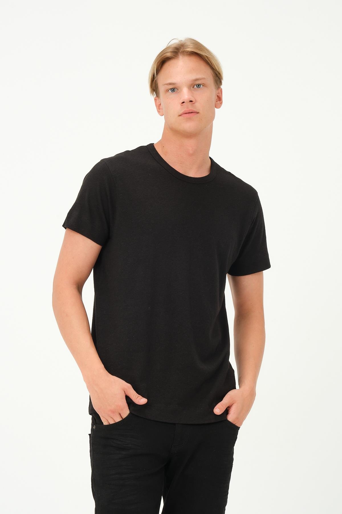 MSW Erkek Keten Regular Fit Bisiklet Yaka Siyah T-shirt