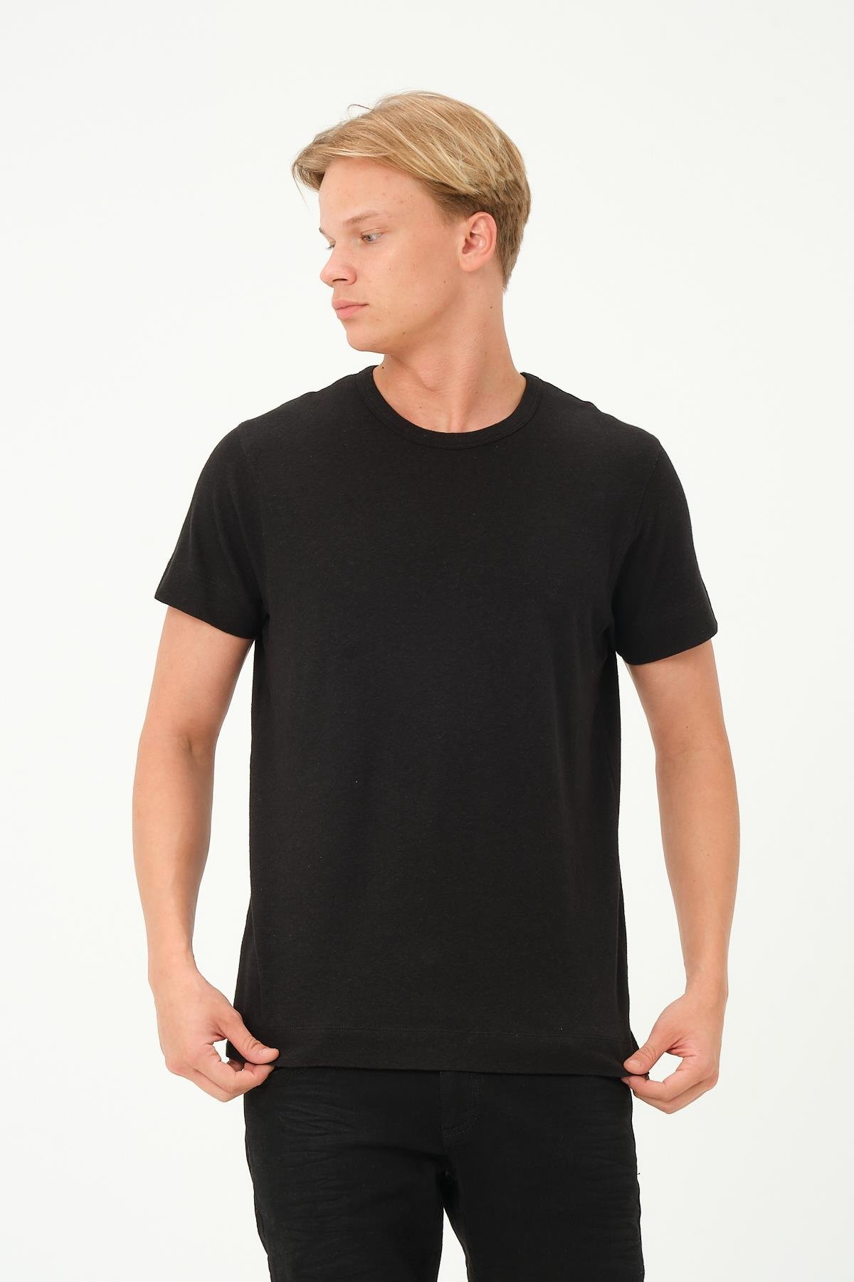 MSW Erkek Keten Regular Fit Bisiklet Yaka Siyah T-shirt