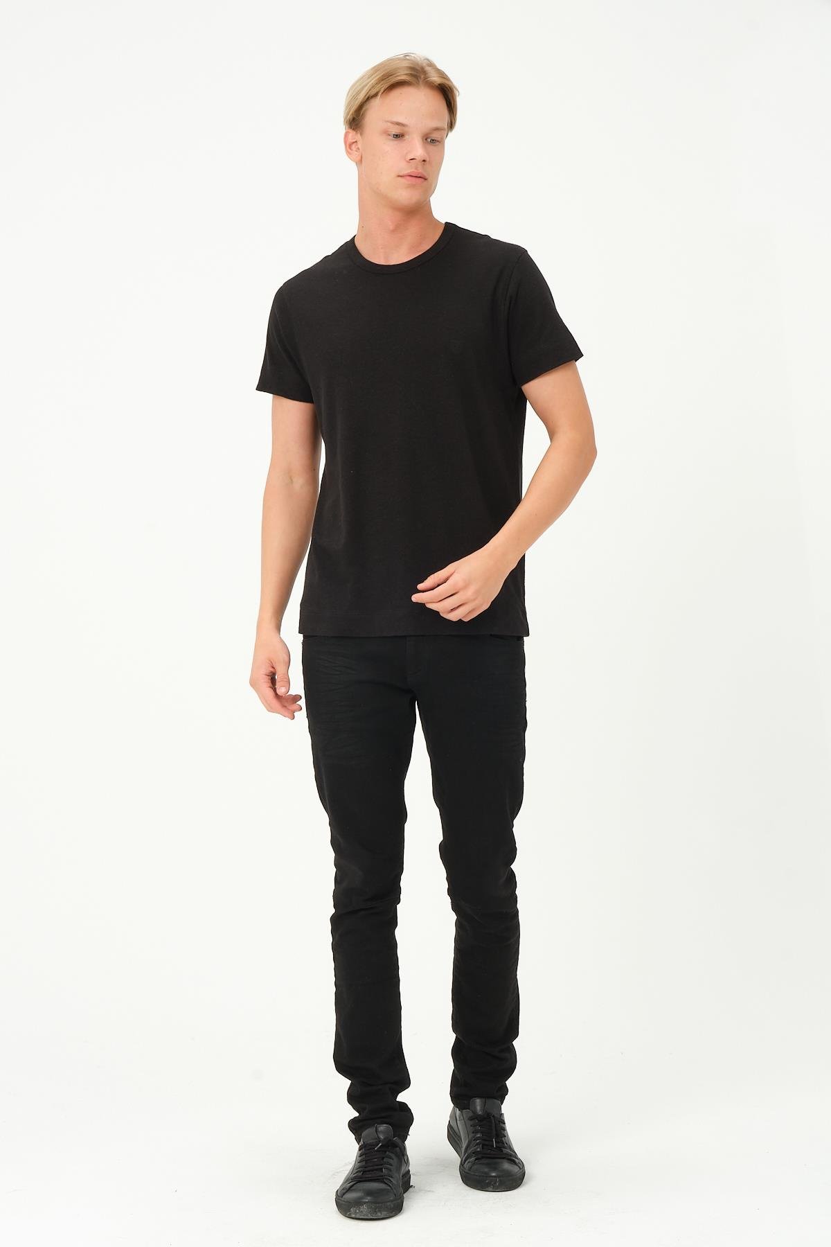 MSW Erkek Keten Regular Fit Bisiklet Yaka Siyah T-shirt