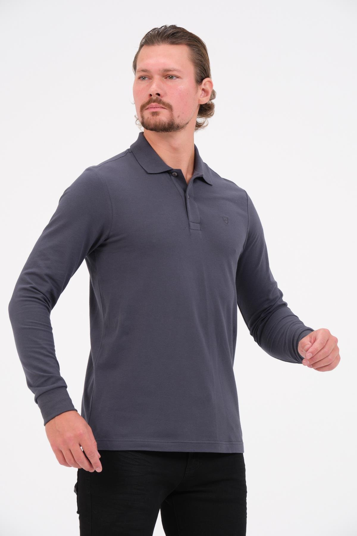 MSW Erkek Regular Fit Uzun Kollu Füme Polo 