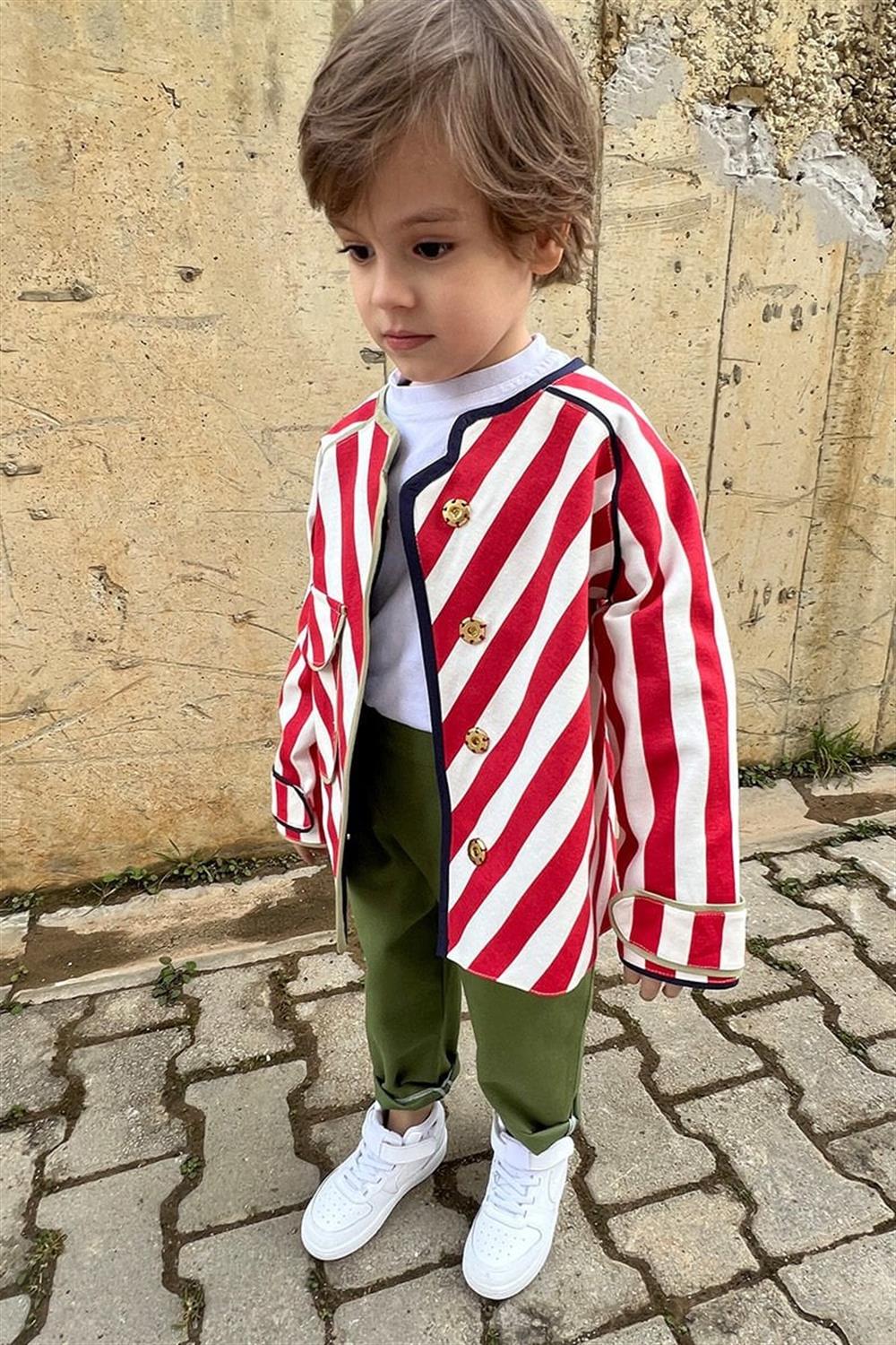 Çizgili Biye Detaylı Unisex Ceket