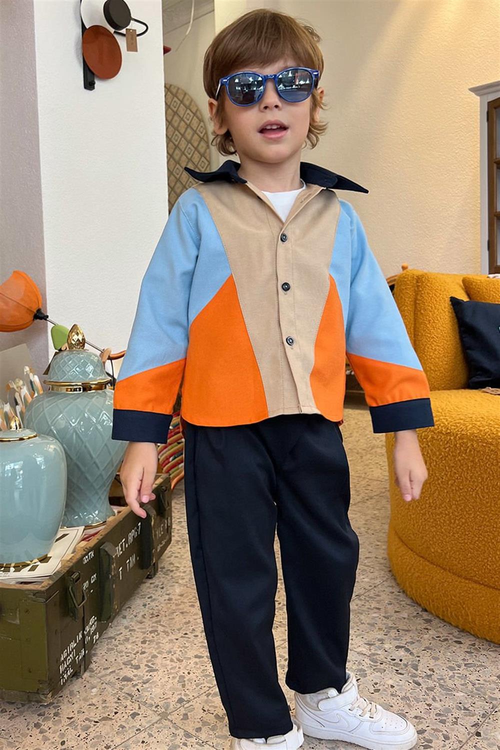 Renkli Nakış Detaylı Bloklu Gabardin Çocuk Gömlek