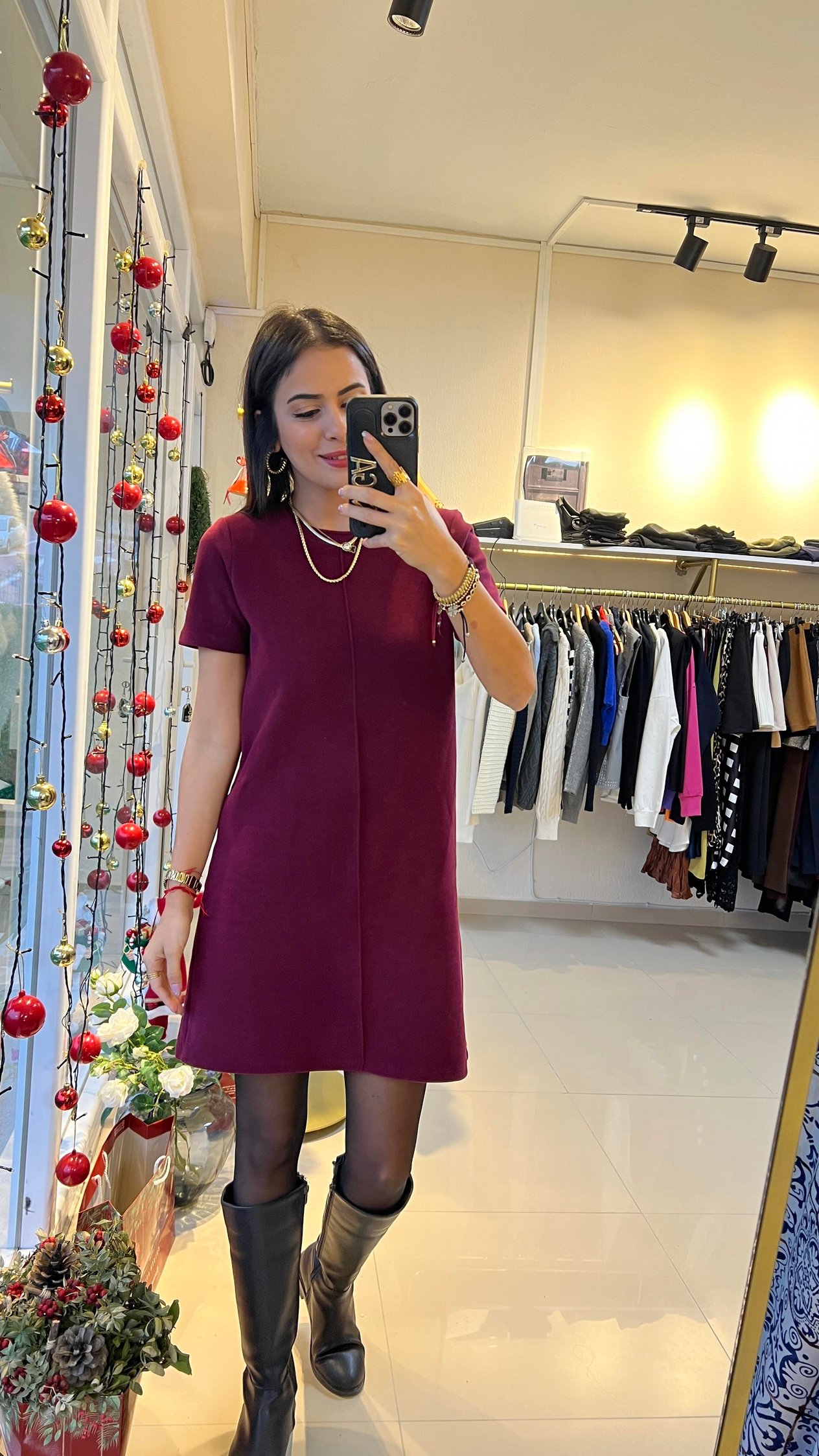 16007 KISA KOL SELANİK KUMAŞ ELBİSE BORDO