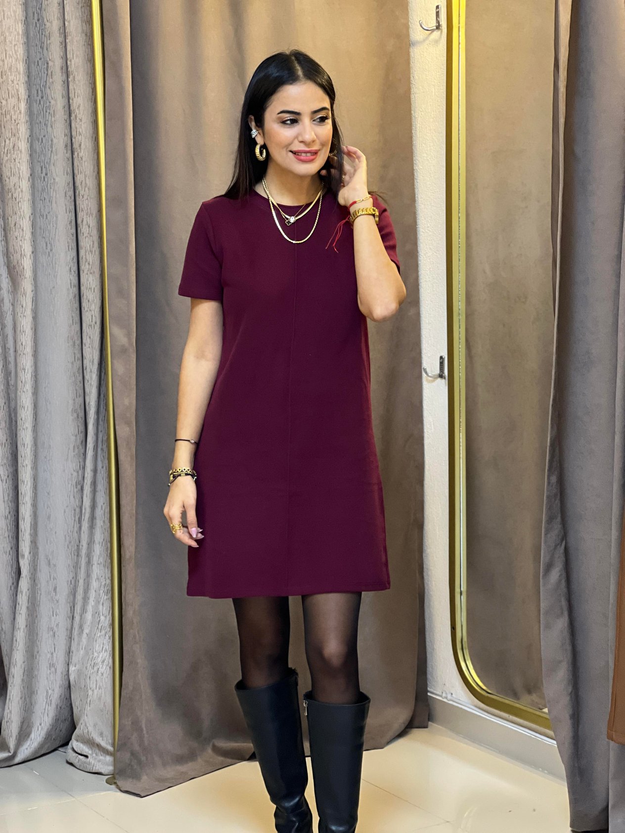 16007 KISA KOL SELANİK KUMAŞ ELBİSE BORDO