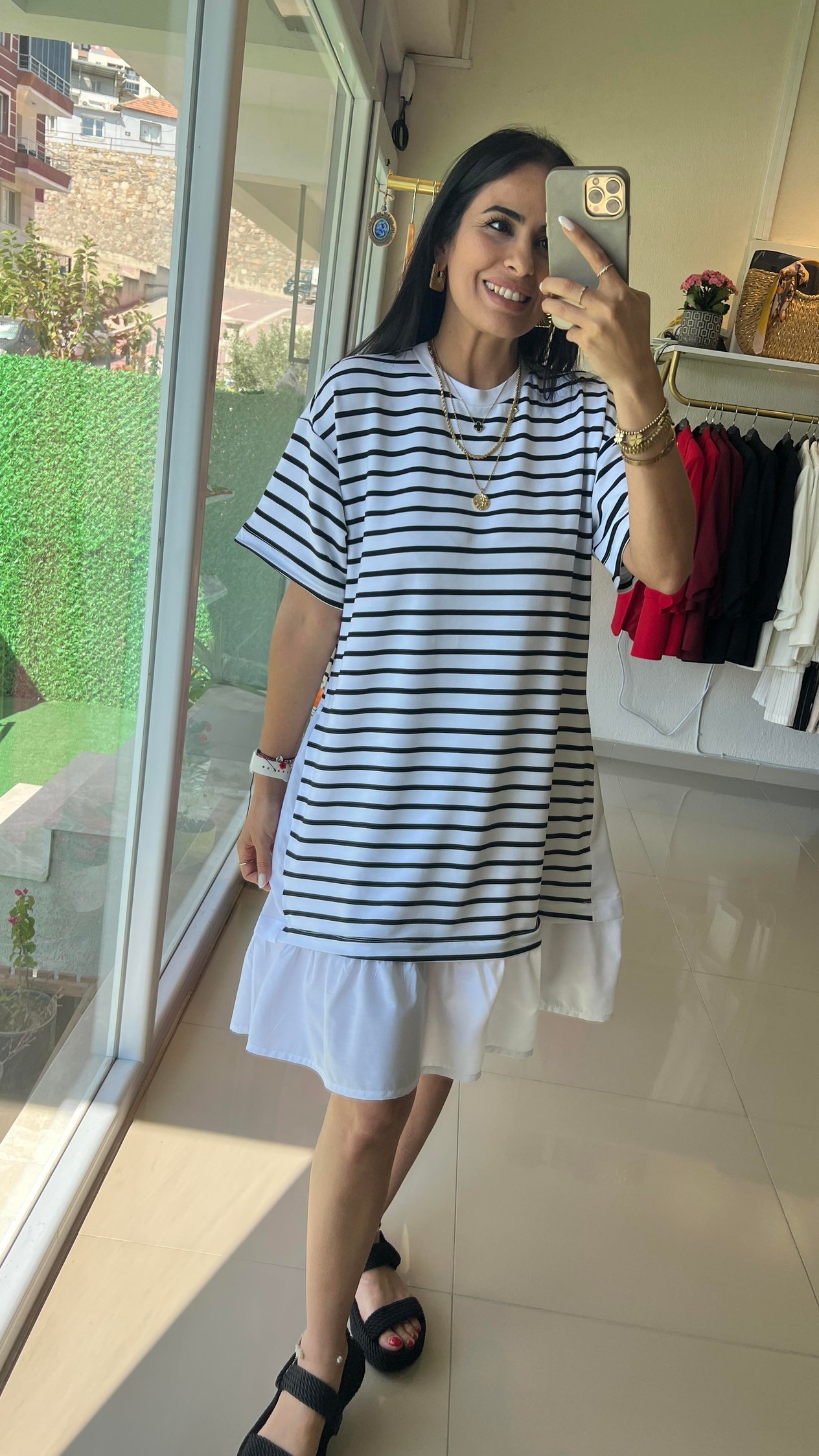36476 ÇİZGİLİ FIRFIRLI ELBİSE BEYAZ