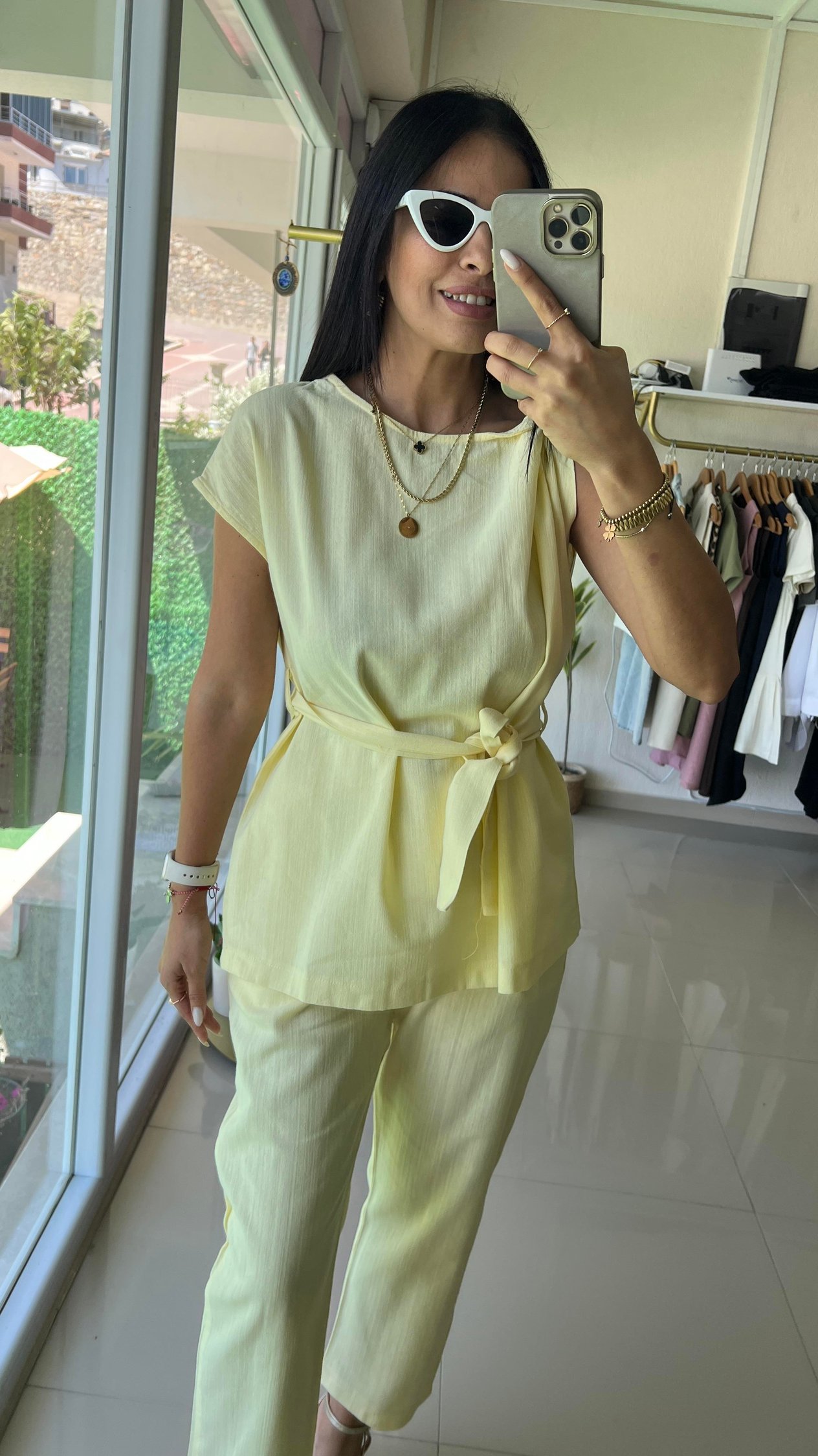 8644  KETEN KUMAŞ KUŞAKLI TAKIM SARI
