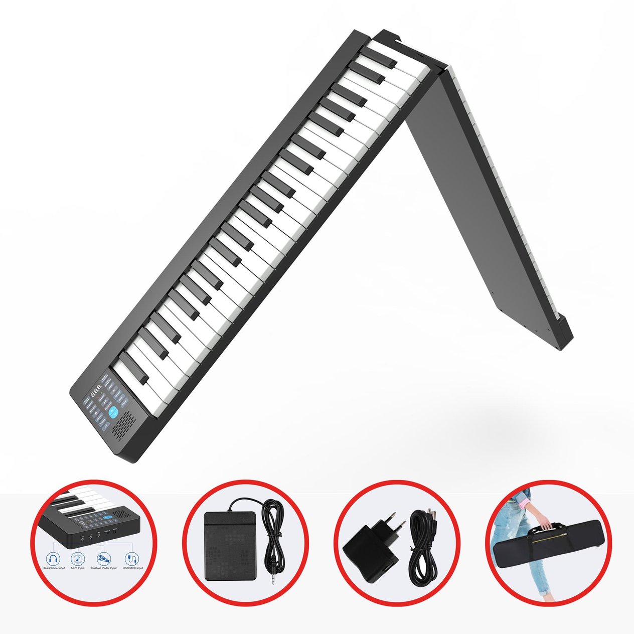 jWIN JDP-8800 Katlanabilir Tuş Hassasiyetli Bluetooth + Şarjlı Piyano - Siyah