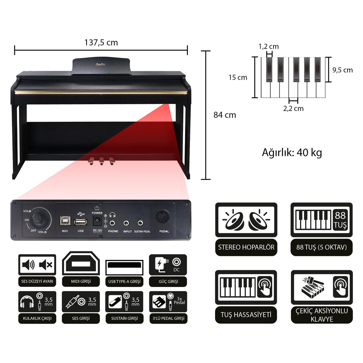 Jwin Sapphire SDP-214 Çekiç Aksiyonlu 88 Tuşlu Dijital Piyano - Siyah
