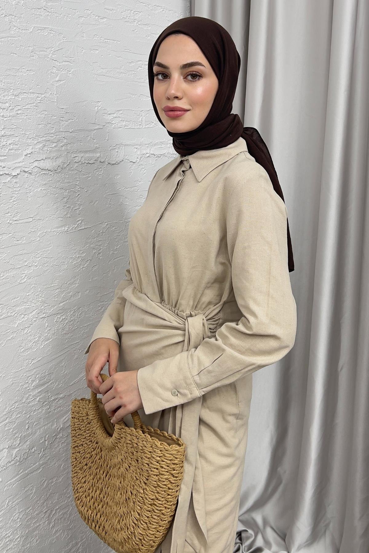 ELBİSEBAĞLAMALI KETEN ELBİSE 20019 BEJ