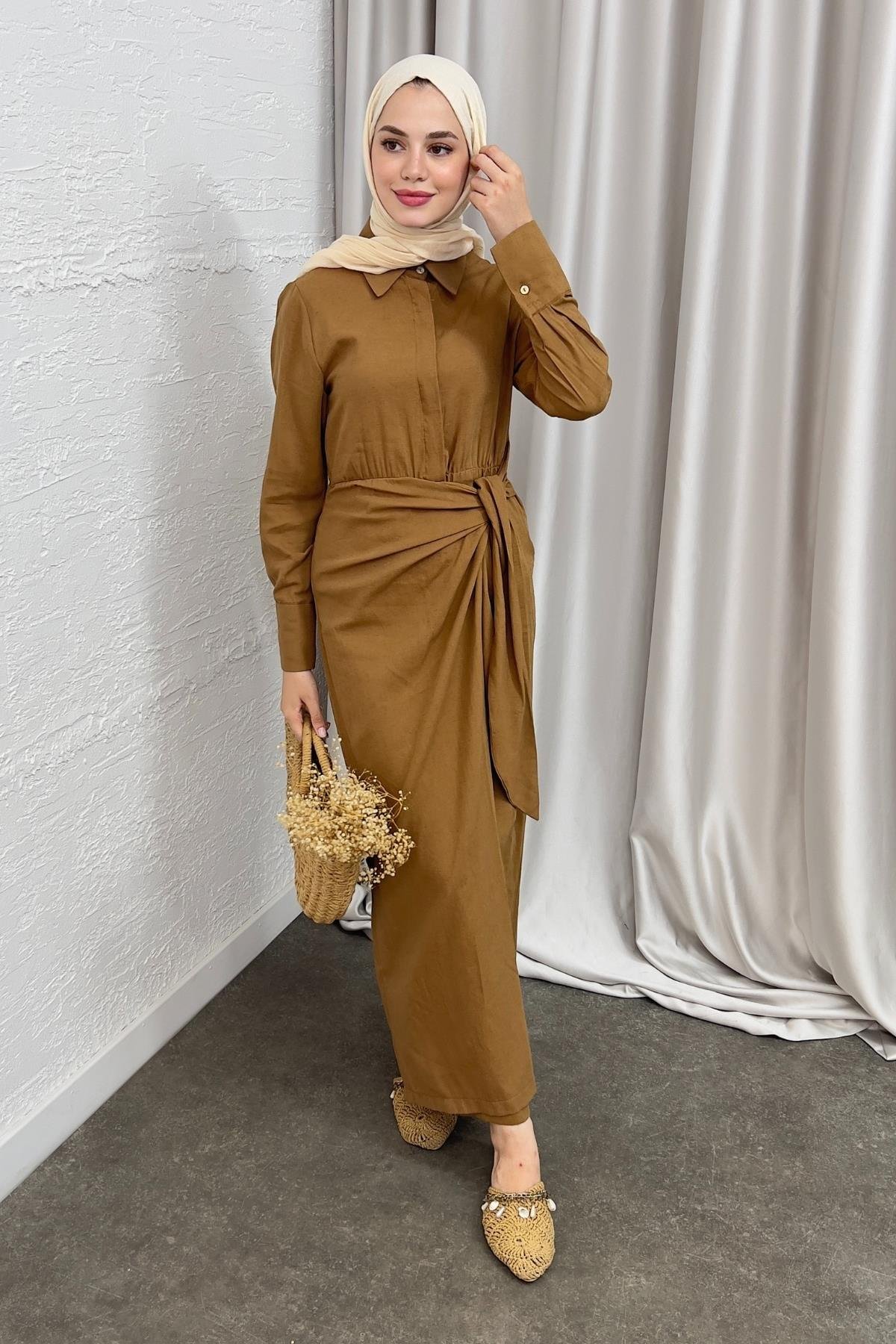 ELBİSEBAĞLAMALI KETEN ELBİSE 20019 CAMEL