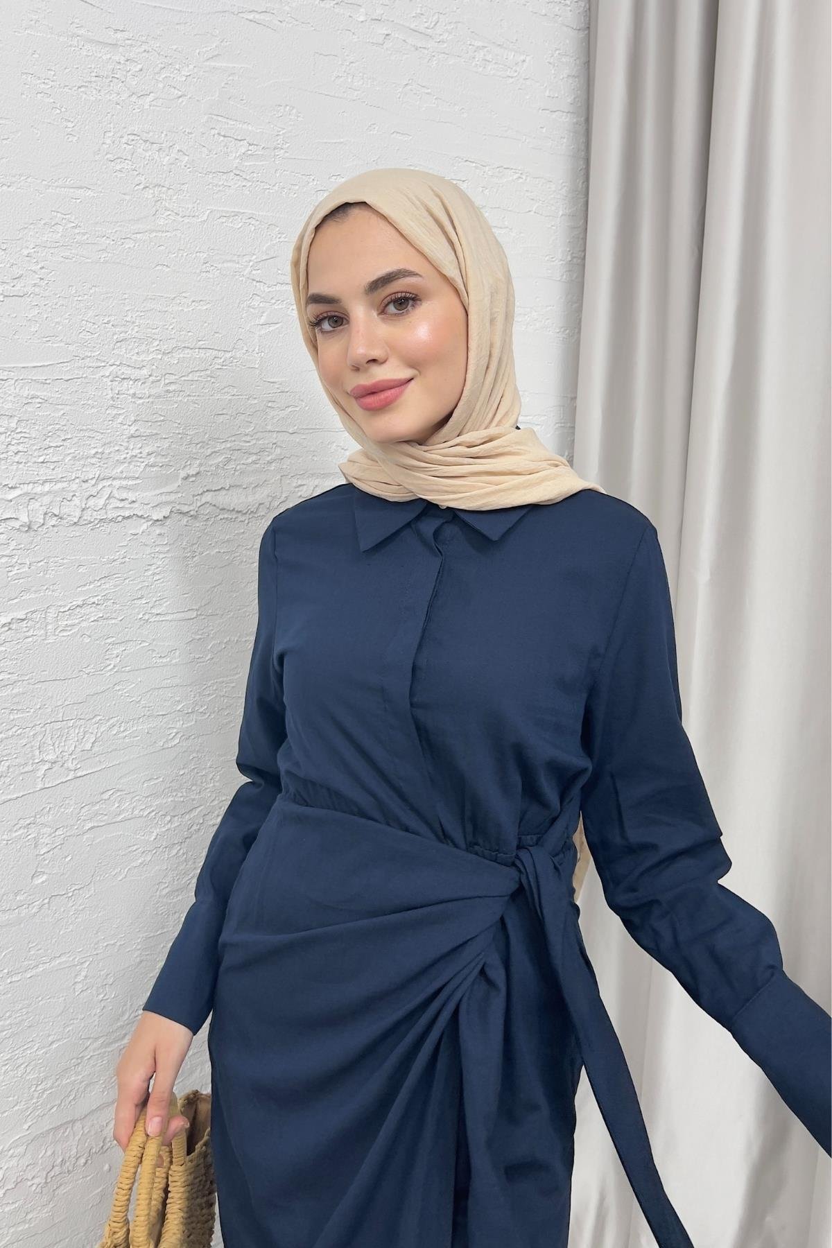 ELBİSEBAĞLAMALI KETEN ELBİSE 20019 LACİVERT
