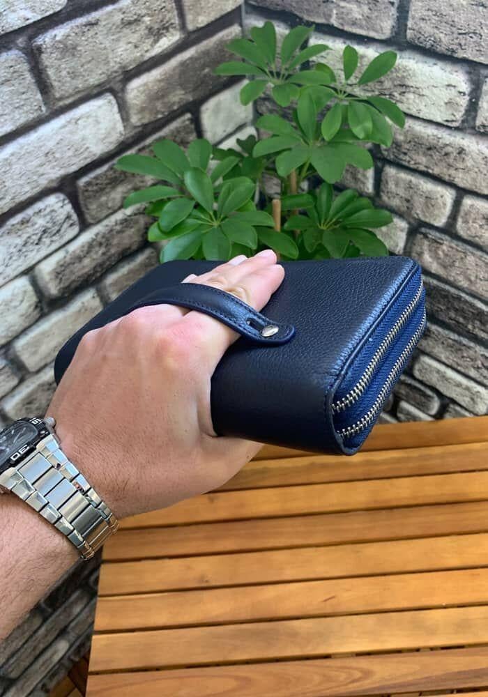 Guard Çift Fermuarlı Lacivert Deri El Çantası