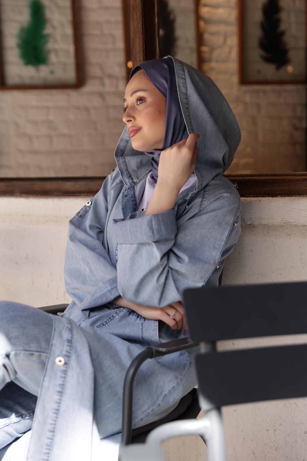 Kapşonlu Denim Trençkot