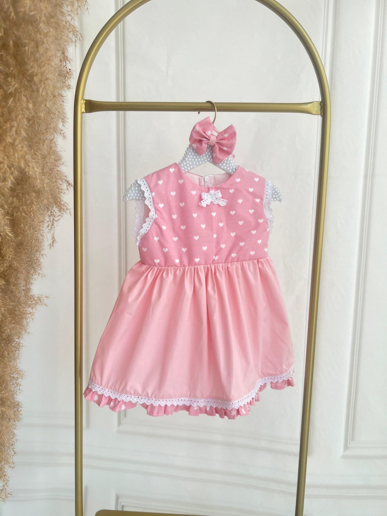 1 -2 Yaş Pembe Poplin Kumaş Kalp Desenli Elbise