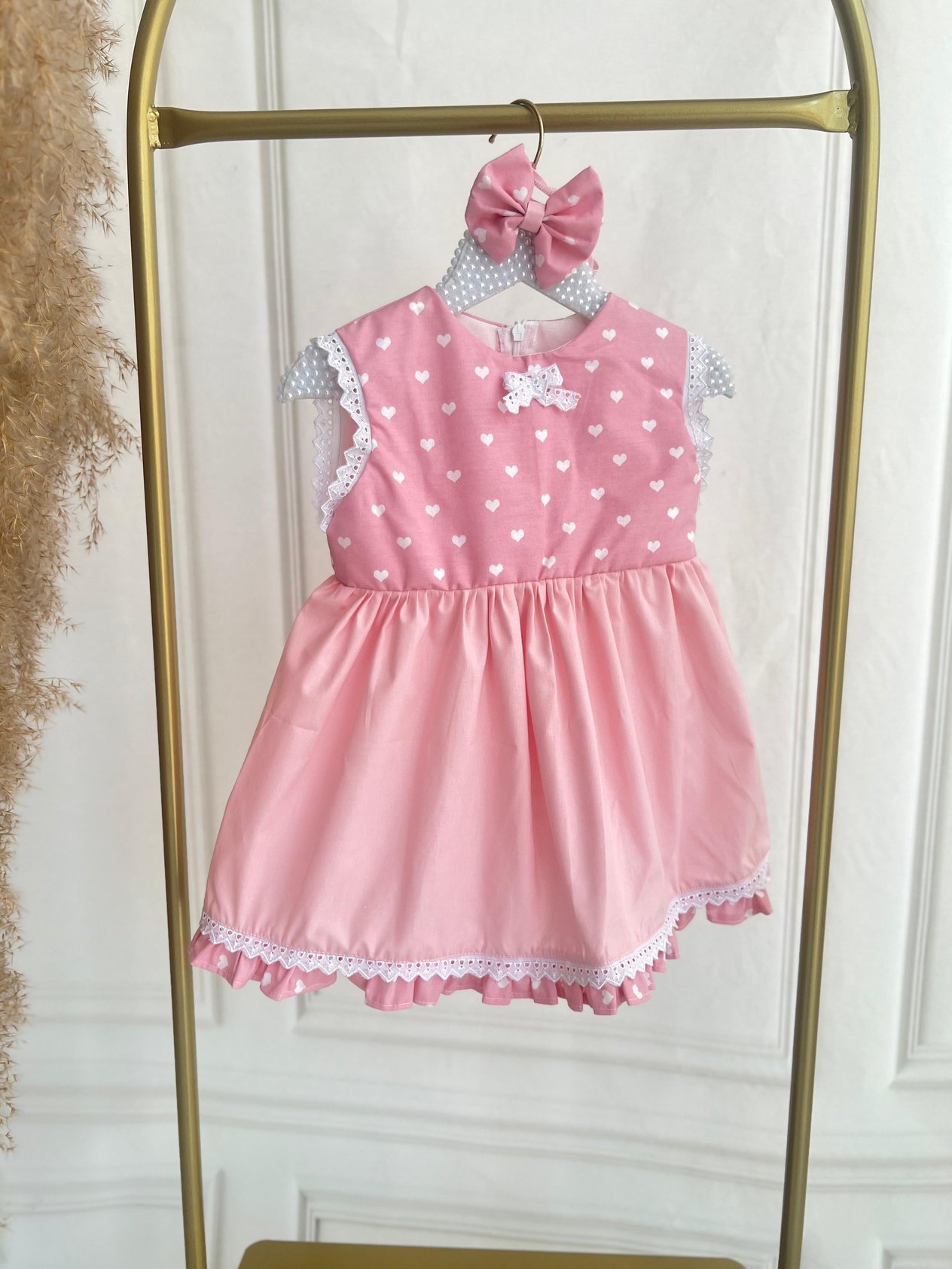 1 -2 Yaş Pembe Poplin Kumaş Kalp Desenli Elbise