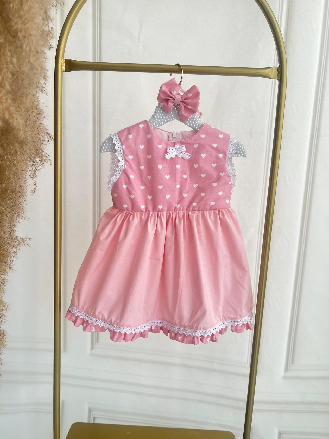 1 -2 Yaş Pembe Poplin Kumaş Kalp Desenli Elbise