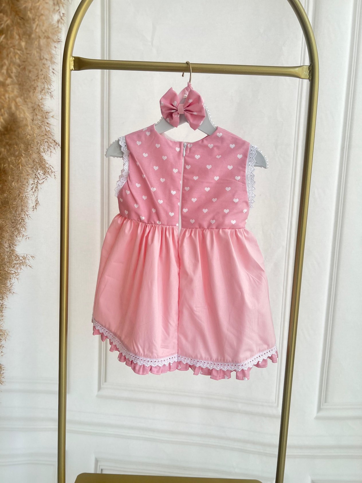 1 -2 Yaş Pembe Poplin Kumaş Kalp Desenli Elbise