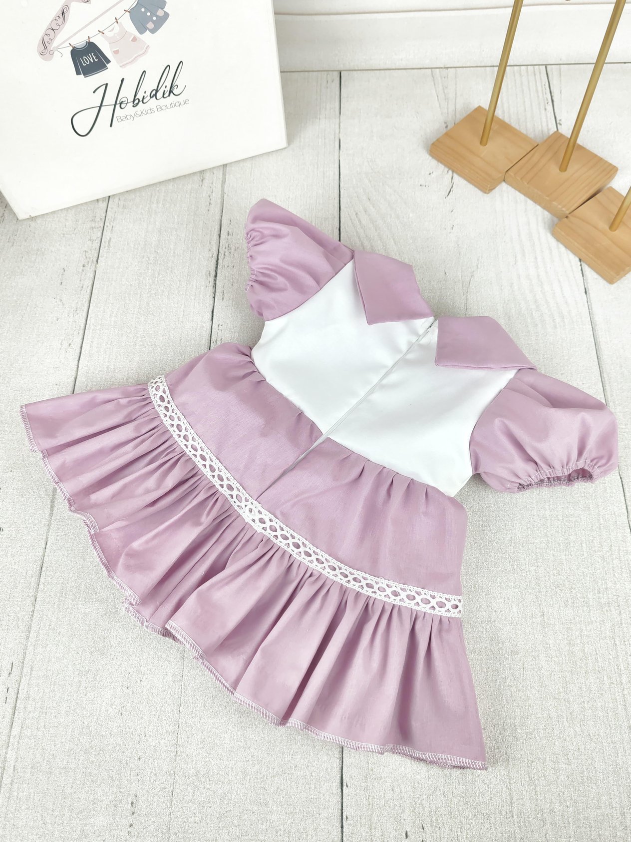 3-6 Ay Lila Poplin Beyaz Saten Fırfırlı Elbise