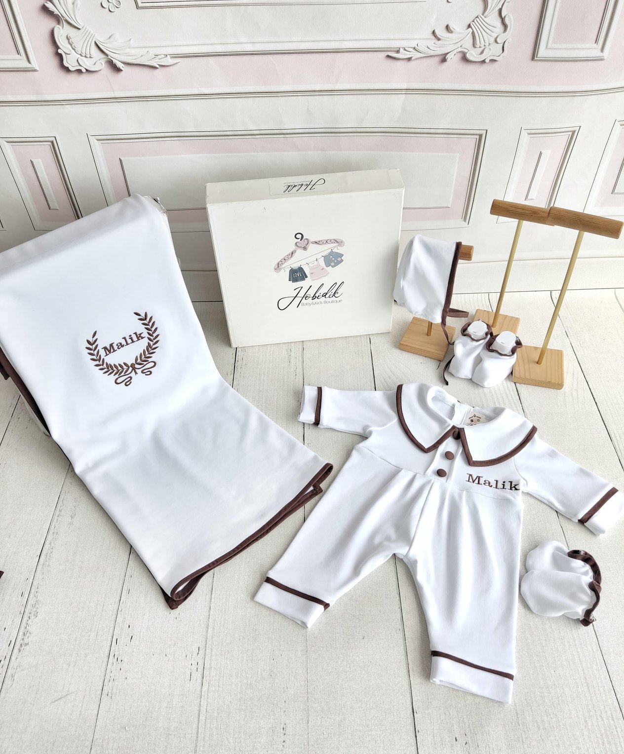 Beyaz Kahve Biyeli Önden Düğmeli Battaniyeli Tulum Set