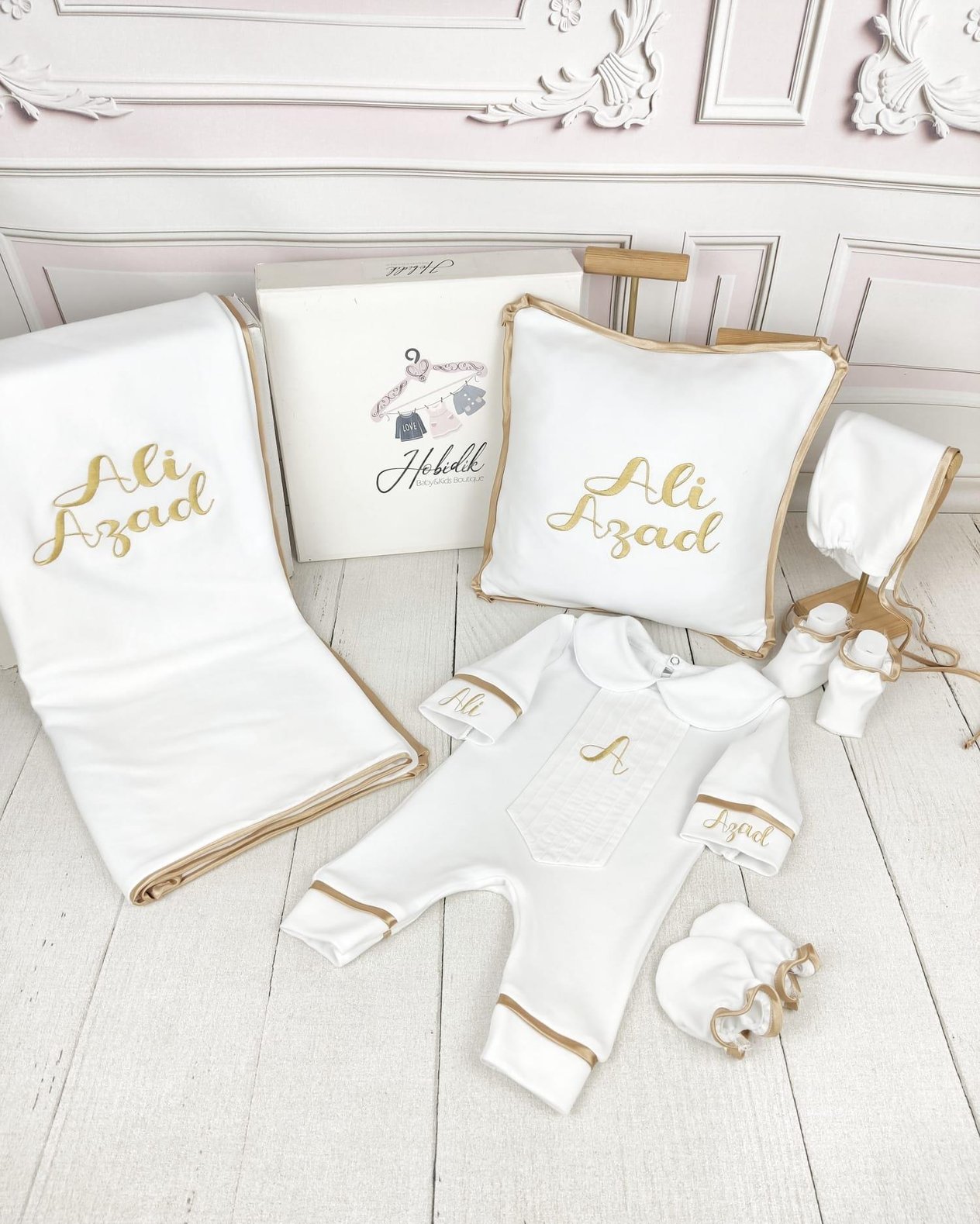 Ekru Gold Biyeli İsim İşlemeli Komple Tulum Set