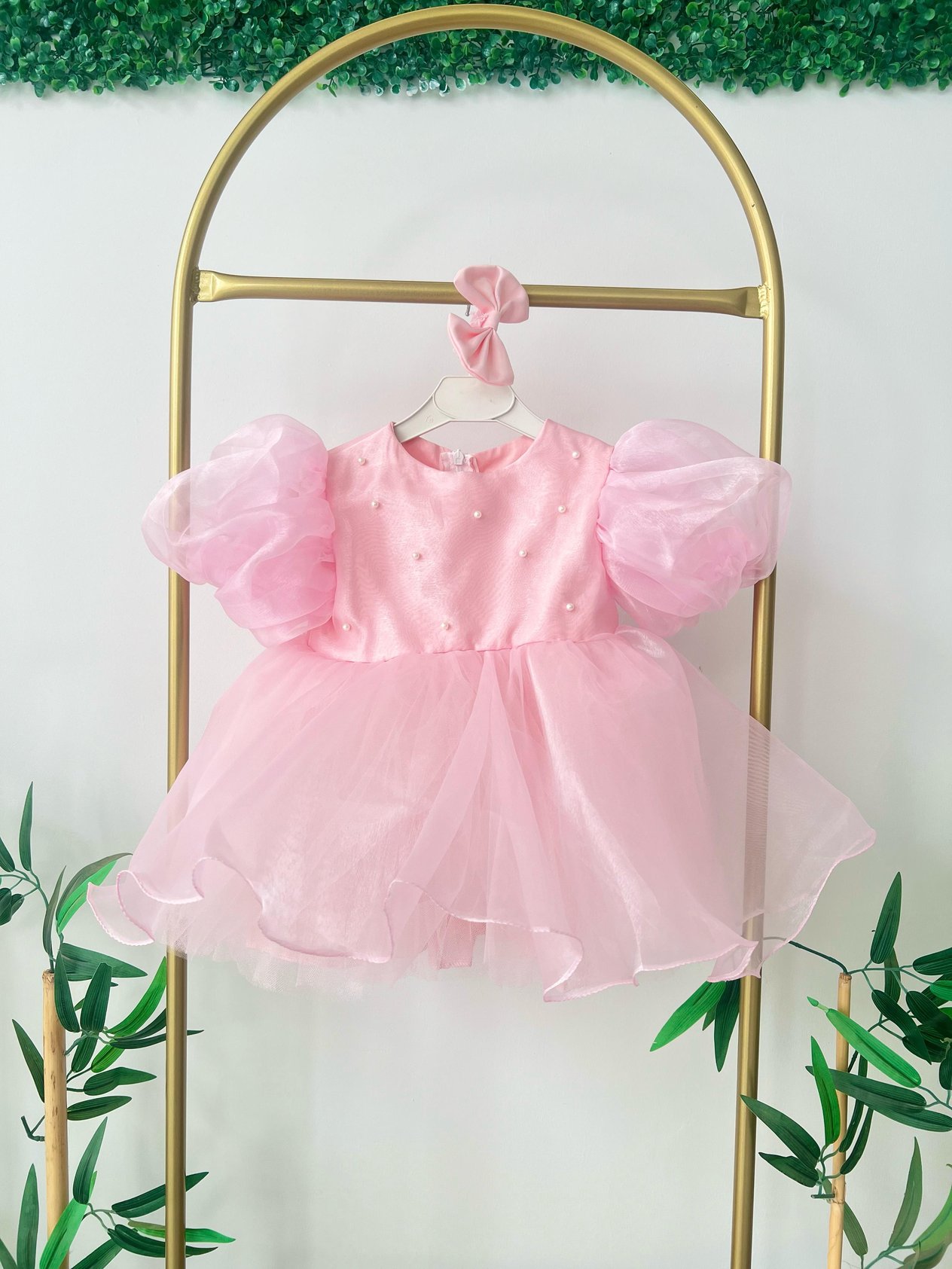 Pembe İncili Balon Kol Organze Parti Elbise