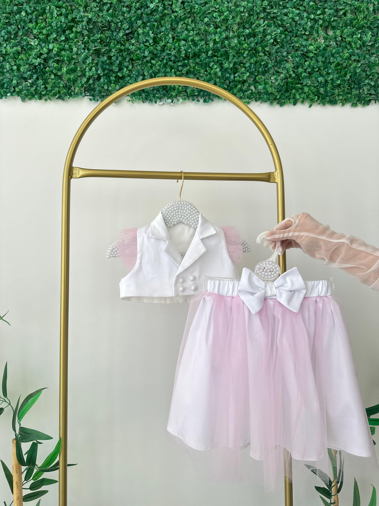 Pembe Tüllü Düğme Detaylı Crop Etek Takım
