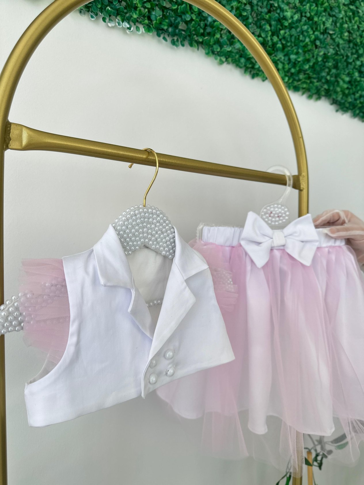 Pembe Tüllü Düğme Detaylı Crop Etek Takım