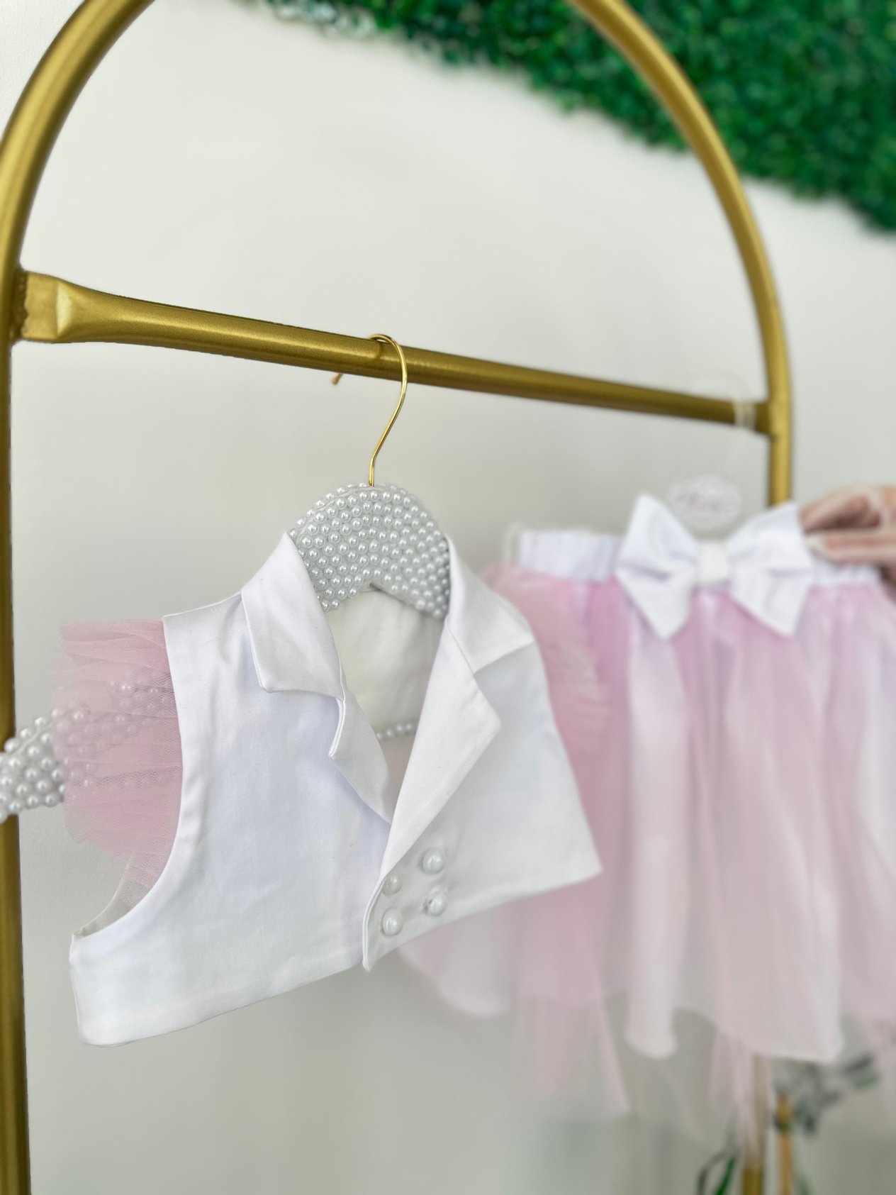 Pembe Tüllü Düğme Detaylı Crop Etek Takım