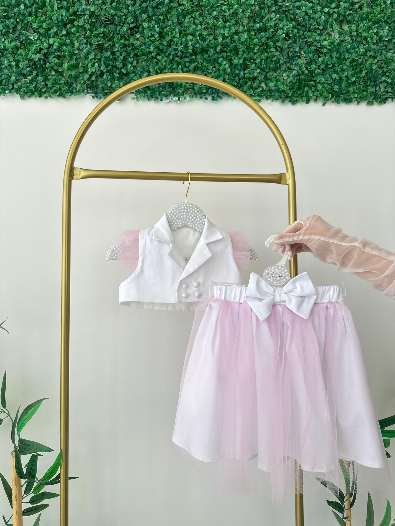 Pembe Tüllü Düğme Detaylı Crop Etek Takım