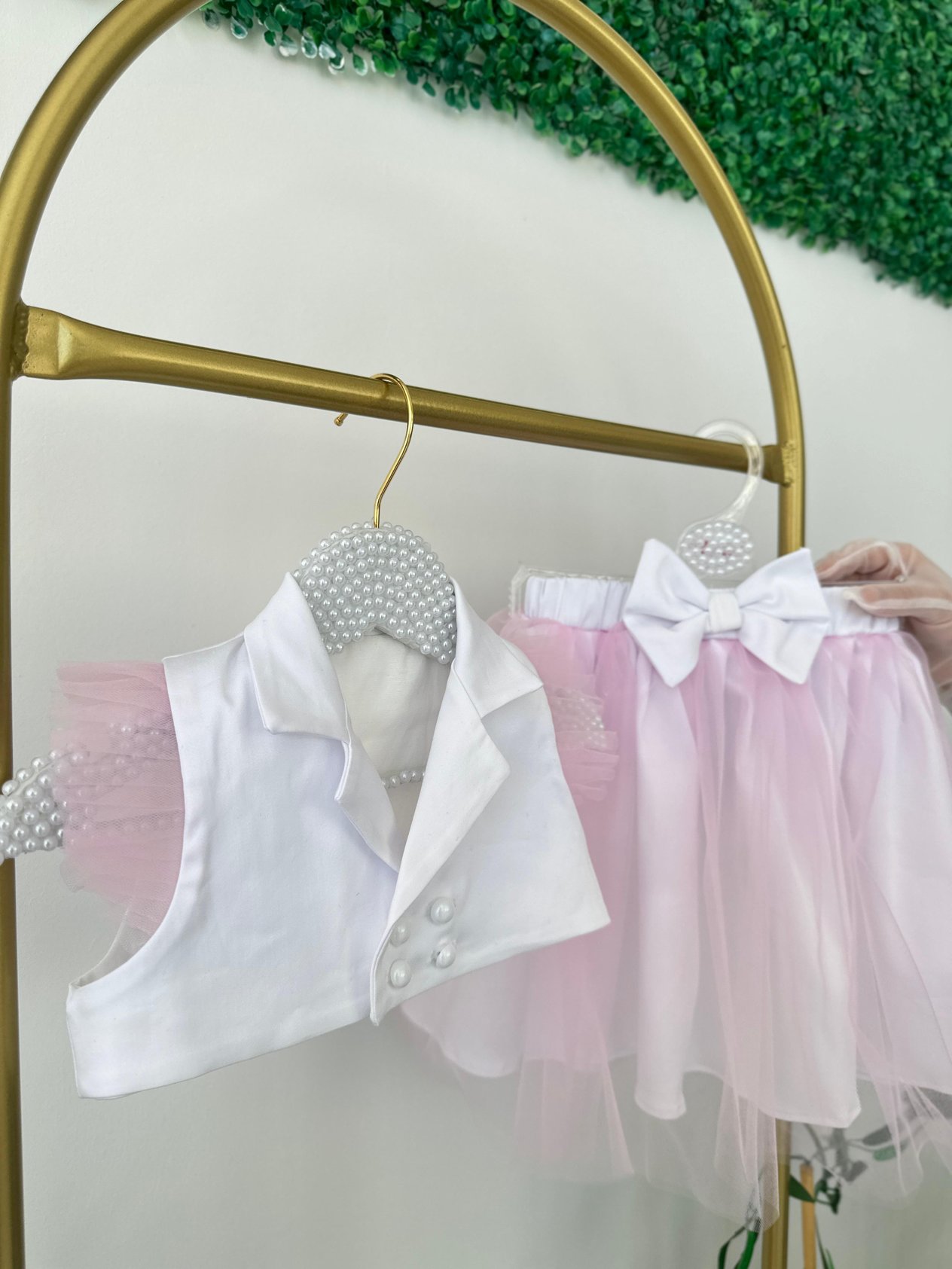 Pembe Tüllü Düğme Detaylı Crop Etek Takım