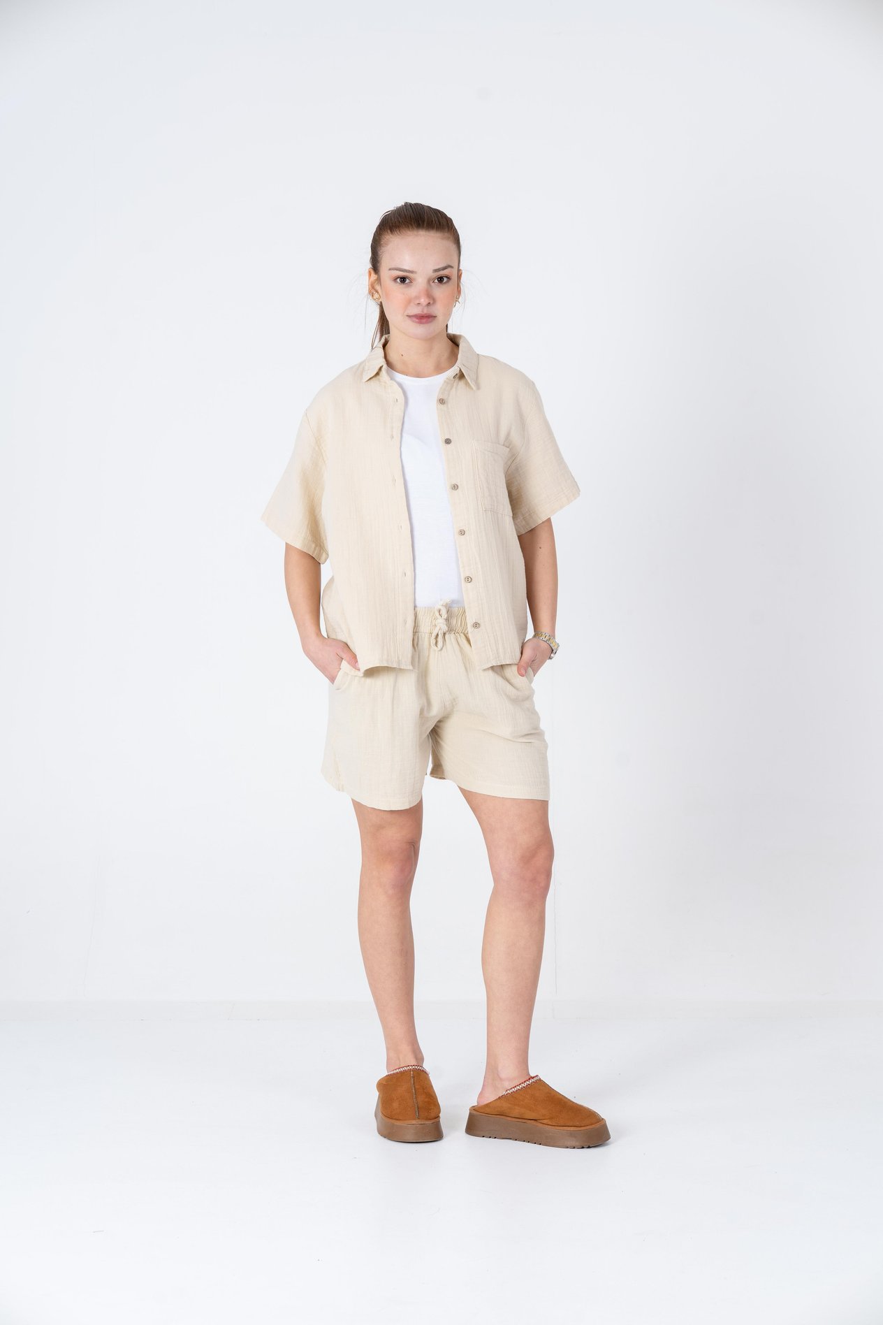 VerdeBlanco %100 Pamuk Oversize Şort ve Gömlek Takımı Krem