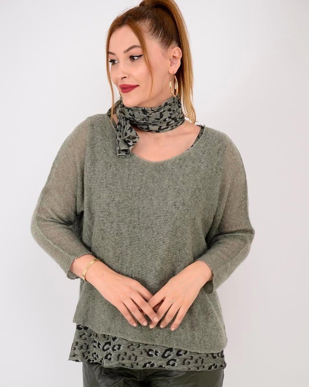 İtalyan Fularlı Triko Takım Bluz- HAKİ