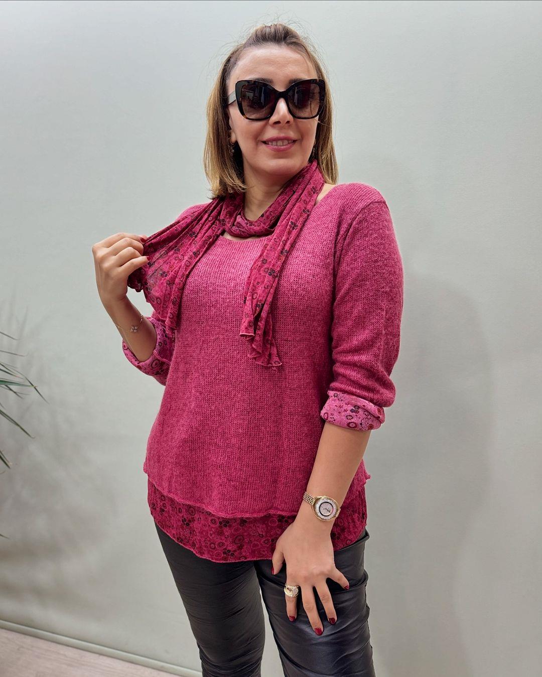 İtalyan Fularlı Triko Takım - FUŞYA