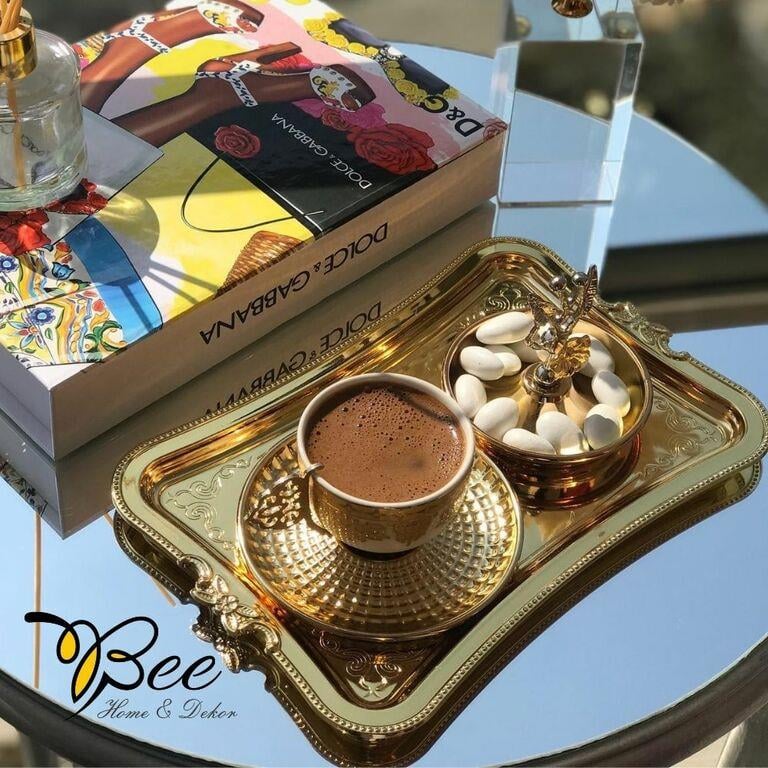 Bee Home & Dekor-Kahve Sunumluk Damat Ve Söz Tepsisi (Gold Kaplama)